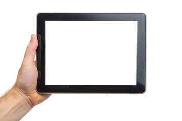 human hand holding black tablet with blank display, isolated on white
