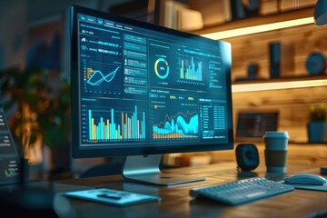 Naklejka premium A computer monitor displays a number of graphs and charts