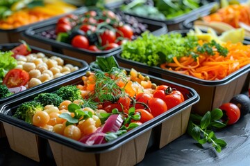 A variety of vegetables are in plastic containers, including broccoli, tomatoes