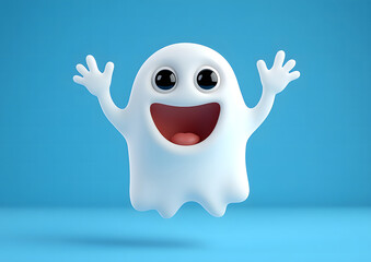 Obraz premium Happy ghost on a blue background. Halloween concept design