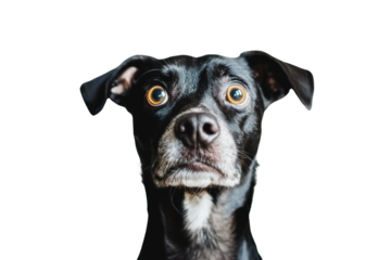 Dog exhibiting a shocked expression featuring raised eyebrows and a surprised stance against on isolated transparent background