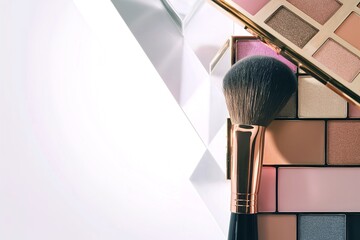 A makeup brush is on top of a palette of makeup
