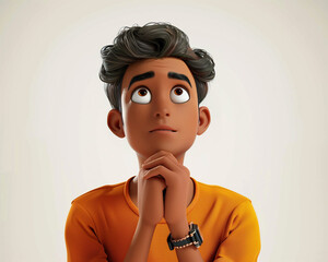 Thinking questioning dreaming planning cartoon character young adult man teen person portrait in 3d style design on white background. Human people feelings expression concept