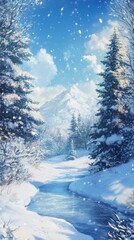 Fototapeta premium Frostbound Enchantment: An Exquisite Hand-Drawn Image of Tranquil Nature on a Snow-Covered Earth, Welcoming the Winter Temptation with Vividness and Cozy Comfort in Anime Style.