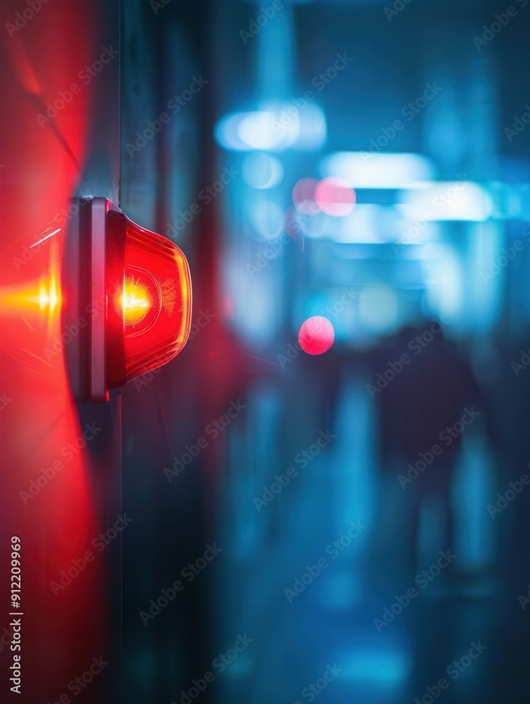 Poster a bright red fire alarm button and light illuminate a wall in a dimly lit corridor, signaling cautio