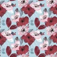 The pattern is in the form of a cherry blossom, with a pale blue background and burgundy and pink flowers. The design uses flowers of different sizes, creating an elegant seamless floral print.