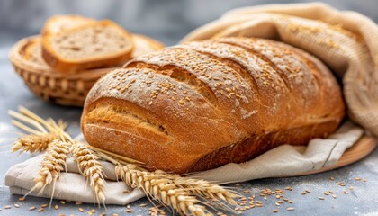 Freshly Baked, Aromatic Loaf of Bread with Sesame Seeds, Adorned with Wheat, on a Rustic Background