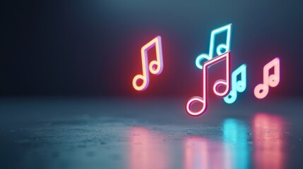 Colorful music notes glowing in a dark environment, creating a vibrant and lively atmosphere. Perfect for music-themed projects.