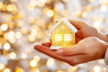 Hand Gently Holding a Miniature Home with a Warm, Inviting Glow Set Against a Beautiful Bokeh Background for Visual Appeal