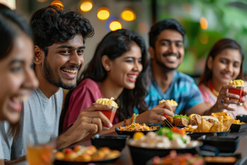 Obraz premium young indian friends eating food together at restaurant