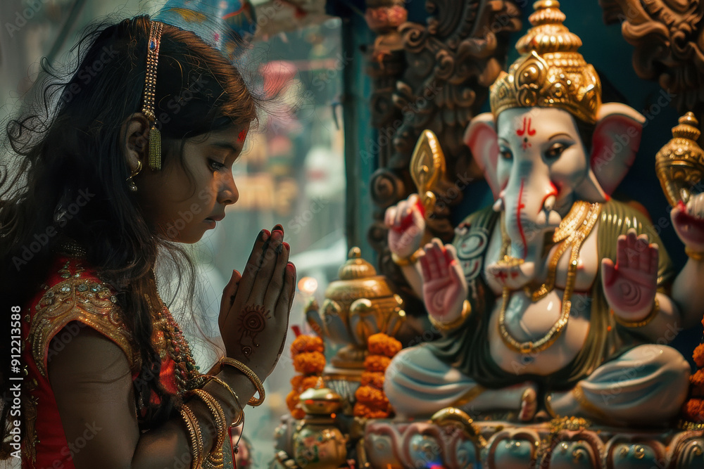 Poster little indian girl child with lord ganesha and praying