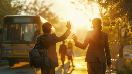 indian parents waving hands to school going kid