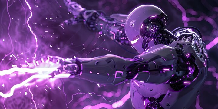 dynamic AI robot striking a winning pose. The atmosphere is digital and very modern, purple lightning 