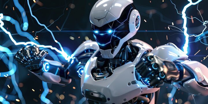 dynamic AI robot striking a winning pose. The atmosphere is digital and very modern, blue lightning 