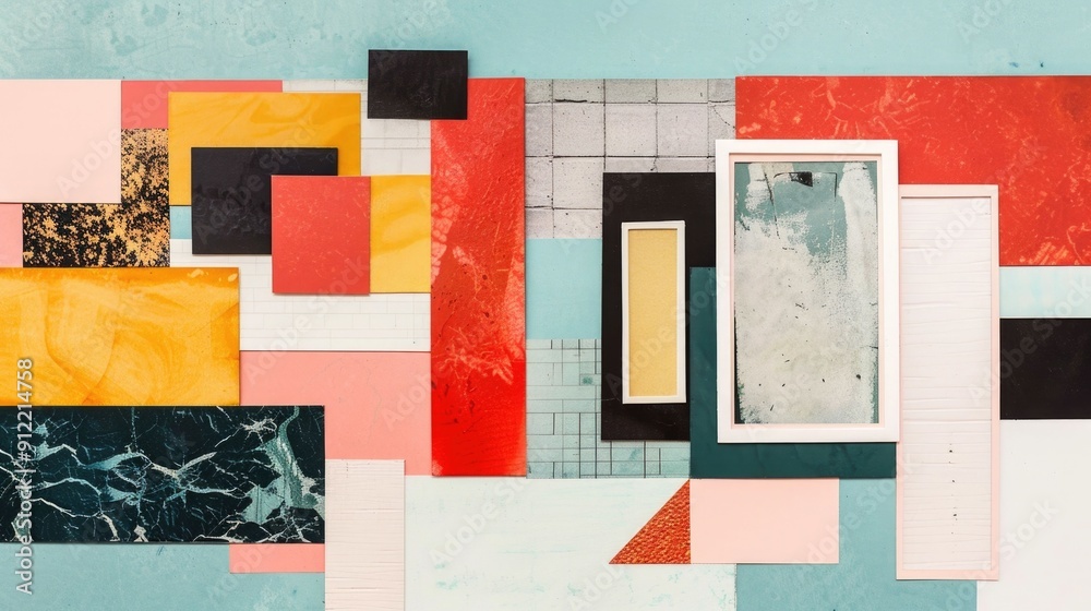 Poster vibrant geometric cut out collage with urban architectural elements featuring an abstract compositio