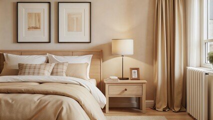 A cozy bedroom features a neatly made bed with beige bedding, including pillows and a throw blanket.