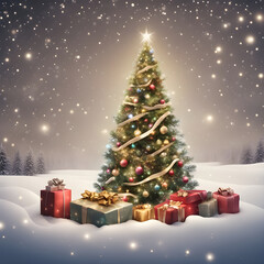 Obraz premium A Christmas tree is surrounded by presents, including a large number of red boxes. The scene is set in a snowy forest, creating a cozy and festive atmosphere