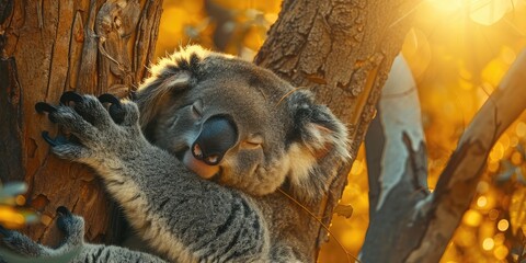 Naklejka premium Sleeping Koala Clinging to a Tree