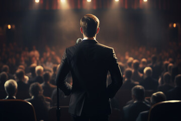 Man in a business suit speaking before an audience