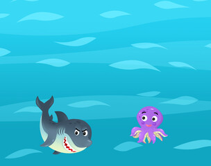 Cartoon ocean and sea coral reef animals of underwater kingdom swimming diving wit illustration for kids