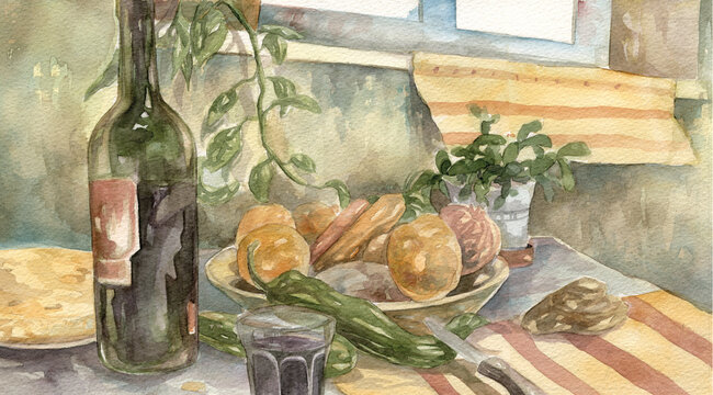 ilustraci&oacute;n en acuarela de bodeg&oacute;n, con elementos de cocina, alimentos frutas y verduras.