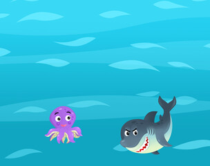 Cartoon ocean and sea coral reef animals of underwater kingdom swimming diving wit illustration for kids