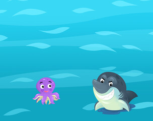 Cartoon ocean and sea coral reef animals of underwater kingdom swimming diving wit illustration for kids