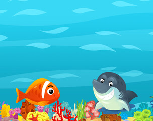 Cartoon ocean and sea coral reef animals of underwater kingdom swimming diving wit illustration for kids