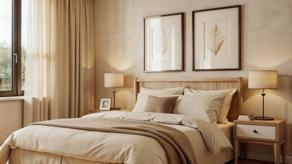 A cozy bedroom features a neatly made bed with beige bedding, including pillows and a throw blanket.