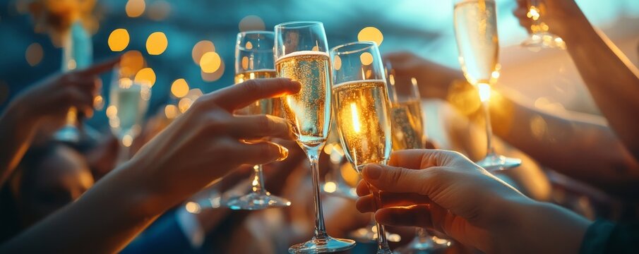 A joyful celebration with friends toasting with champagne glasses amidst sparkling lights, capturing the spirit of festivity and togetherness. a party that embodies festivity and cheer