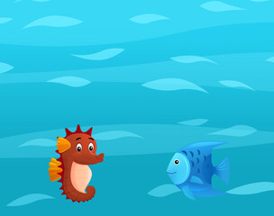 Cartoon ocean and sea coral reef animals of underwater kingdom swimming diving wit illustration for kids