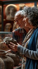 Obraz premium Two visitors explore ancient artifacts and share insights within a museum setting