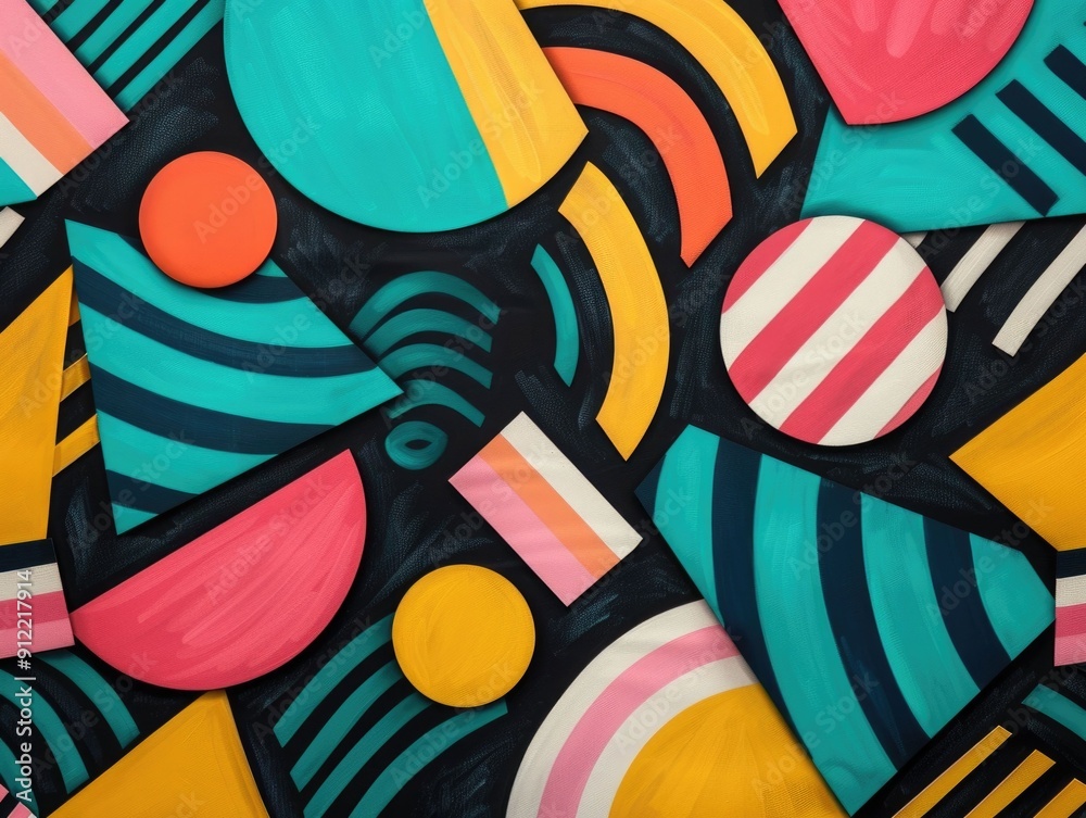 Poster vibrant abstract geometric doodle art with dynamic overlapping shapes and playful repeating patterns