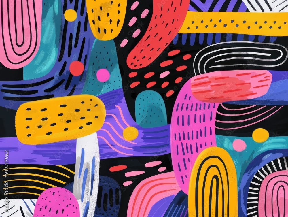 Poster energetic and visually captivating abstract geometric doodle art featuring a dynamic composition of 