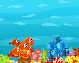 Cartoon ocean and sea coral reef animals of underwater kingdom swimming diving wit illustration for kids