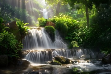 Fototapeta premium A gentle waterfall cascading softly over smooth stones, creating a soothing sound, surrounded by lush greenery and soft, diffused sunlight, evoking tranquility and calm