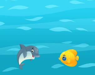 Cartoon ocean and sea coral reef animals of underwater kingdom swimming diving wit illustration for kids