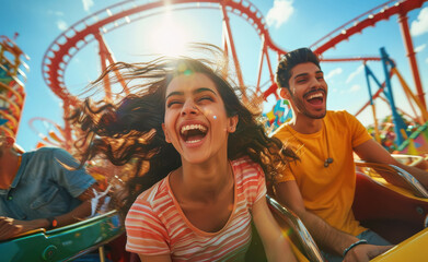happy indian people enjoying on roller coaster at park