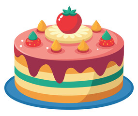 Layered cake with strawberries, pineapple, and drizzled icing. Vector illustration
