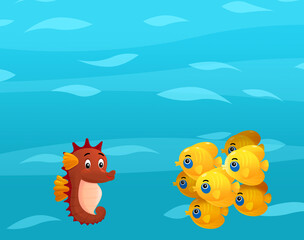 Cartoon ocean and sea coral reef animals of underwater kingdom swimming diving wit illustration for kids