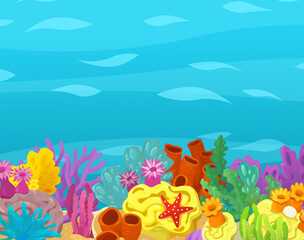 Cartoon ocean and sea coral reef animals of underwater kingdom swimming diving wit illustration for kids
