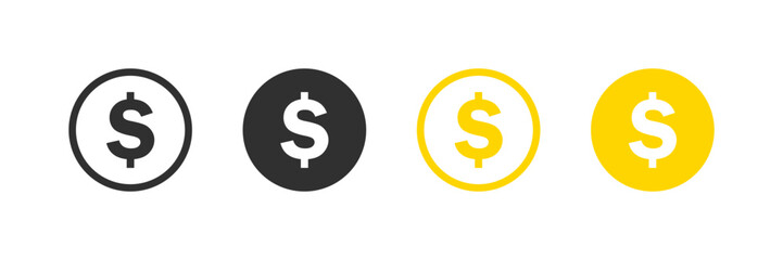 Simple set of black and gold dollar coins in both filled and outlined variations. Vector icons in flat style
