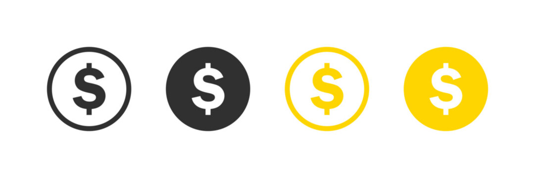 Simple set of black and gold dollar coins in both filled and outlined variations. Vector icons in flat style