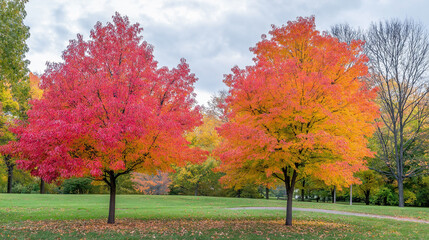 Fototapeta premium Autumn's Embrace: Two vibrant maple trees ablaze with crimson and gold foliage stand majestically in a tranquil park setting, showcasing the breathtaking beauty of fall.
