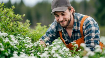 Smiling farmer in a cap and plaid shirt, tending to flowering plants in a lush green field. His content expression reflects his love for nature and farming.