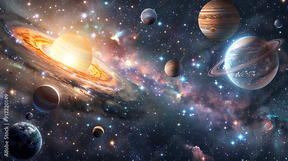 Wall mural planets stars a galaxy swirling in the vastness of space. the vibrant colors and intricate details c