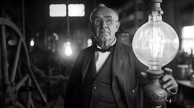 Thomas Edison holding his light bulb invention with symbolizing innovation electricity scientific breakthrough and historical impact of modern technology development concept.