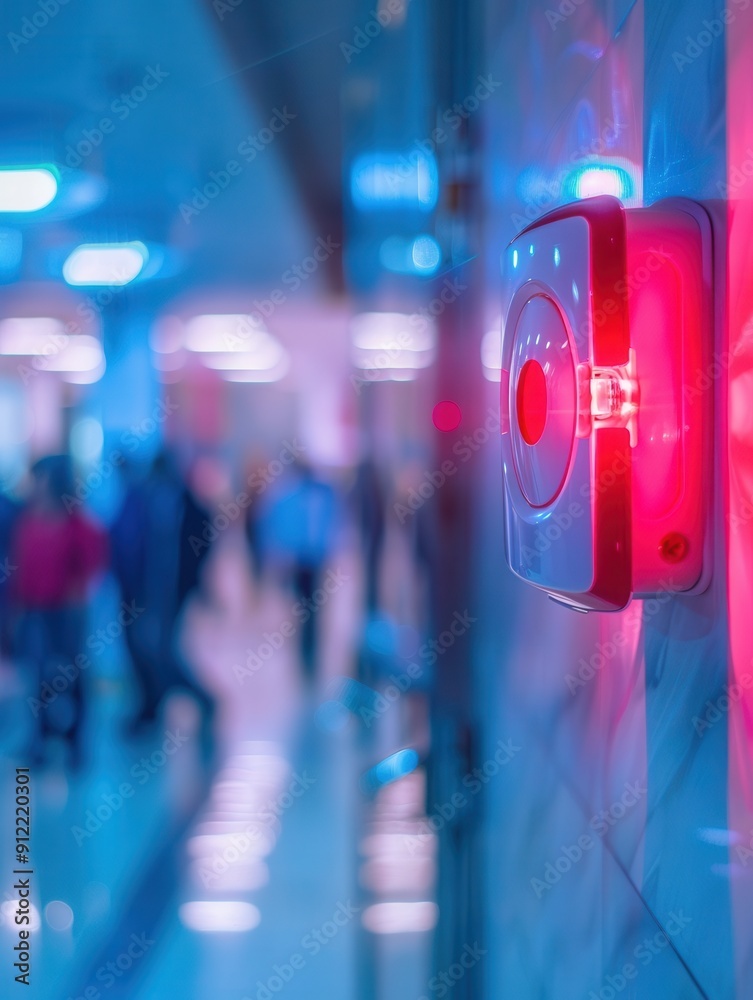 Poster A bright red fire alarm with a flashing light and button is mounted on the wall in a bustling corridor, alerting occupants during an emergency situation. Generative AI