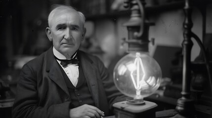 Thomas Edison the renowned inventor with light bulb in the background for symbolizing innovation electricity science technology and historical genius in American invention concept.