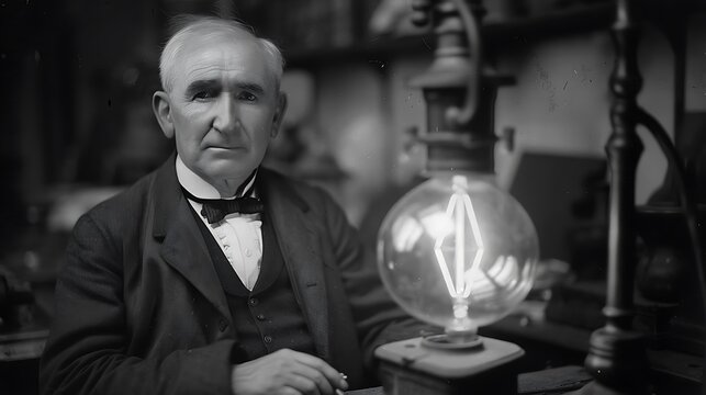 Thomas Edison the renowned inventor with light bulb in the background for symbolizing innovation electricity science technology and historical genius in American invention concept.